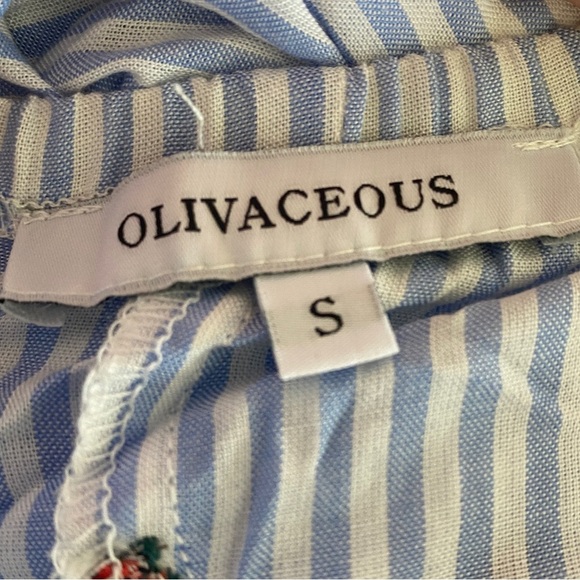 Olivaceous Crop Top Small Blue White Stripe Roses Off The Shoulder Ruffle Sleeve - Picture 6 of 11